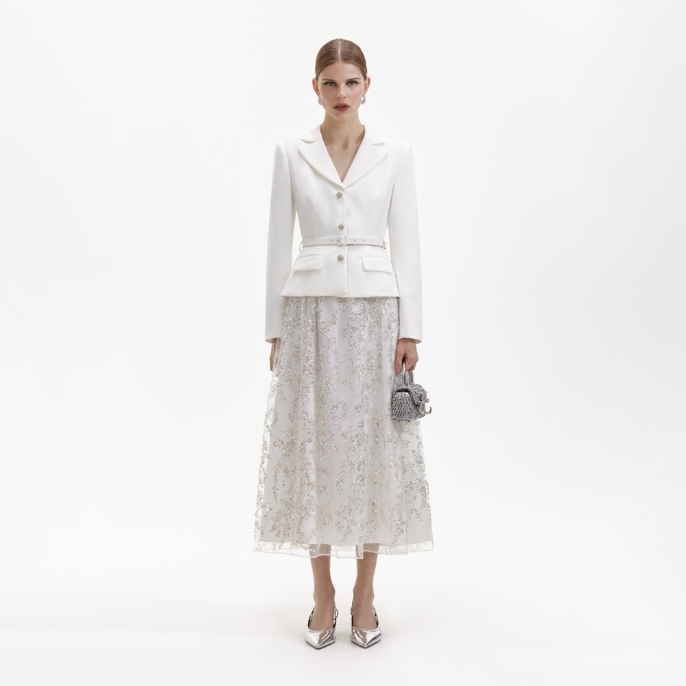 Self-Portrait Elegant White and Silver Midi Dress